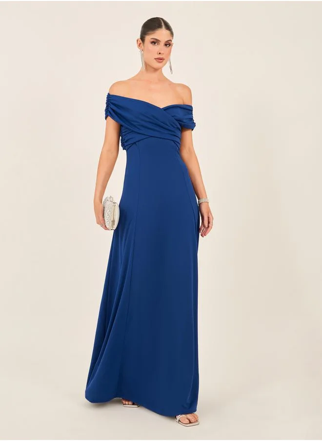 Styli Solid Pleated Off Shoulder A-Line Maxi Dress