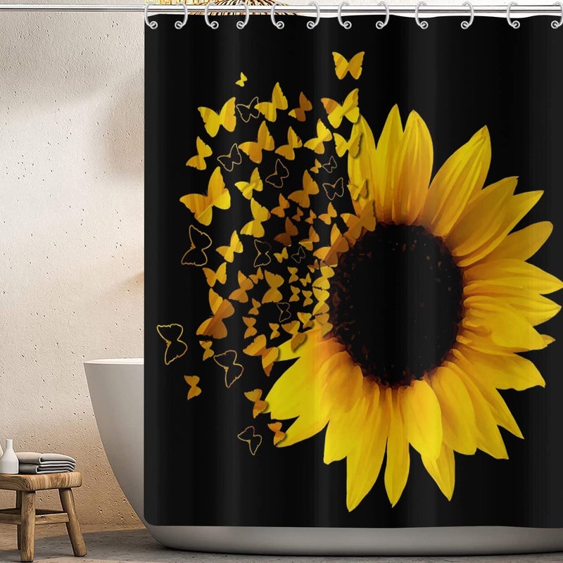 GCIREC Sunflower Shower Curtain Black and Yellow Sunflower Butterfly Bathroom Curtains Rustic Shower Curtains for Bathtub Decor Machine Washable Waterproof Fabric with 12 Plastic Hooks