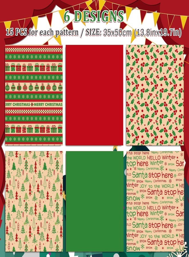 Whaline Christmas Tissue Paper Kraft Xmas Red Green Wrapping Paper 19.7 x 13.8 Inch Assorted Xmas Tree Holly Berry Christmas Tissue Paper for Gift Bags Holiday DIY Crafts Decor, 90 Sheet - Image 2