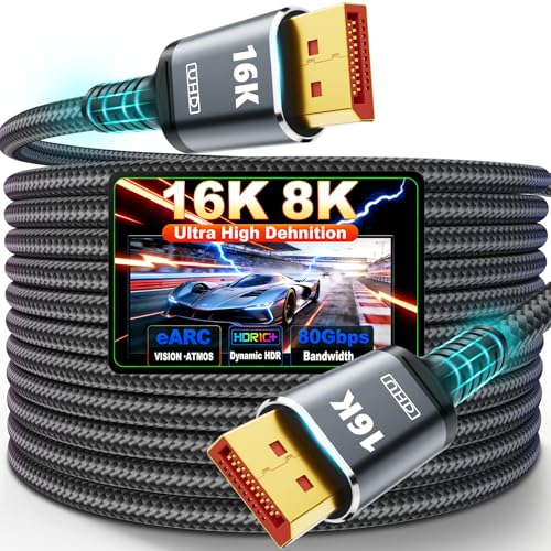 Green Jiss 16K Displayport Cable 2.1, DP to DP Cable Available 1.5FT, 3.3FT, 5FT, 6.6FT, 10FT, 16FT, 20FT Lengths for Selection, 16K@60Hz, 8K@120Hz, 4K@240Hz 165Hz 144Hz Support 80Gbps HDR, HDCP DSC 1.2a (1.5FT) - Image 1