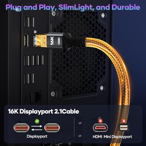 Green Jiss 16K Displayport Cable 2.1, DP to DP Cable Available 1.5FT, 3.3FT, 5FT, 6.6FT, 10FT, 16FT, 20FT Lengths for Selection, 16K@60Hz, 8K@120Hz, 4K@240Hz 165Hz 144Hz Support 80Gbps HDR, HDCP DSC 1.2a (1.5FT) - Image 3