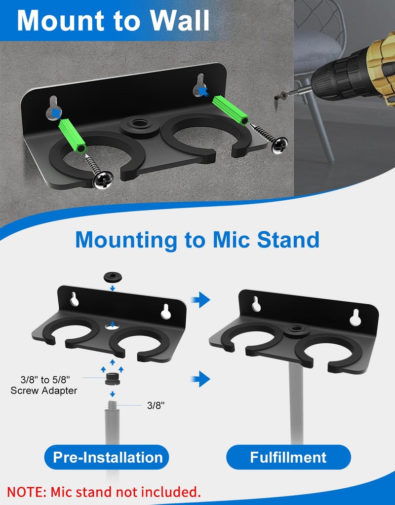Borenbuir Multi Microphone Holder for Handheld Dynamic, Wired and Wireless Mics Storage Hanger, Double Microphone Stand,Rubber Padding/Wall Mounted or Mounted to 5/8"-27 or 3/8"-16 threaded Stands Attachment - Image 2