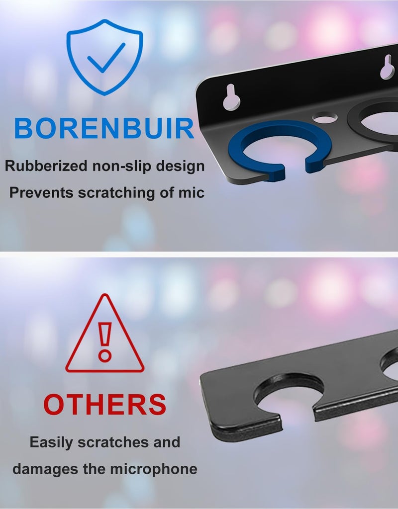 Borenbuir Multi Microphone Holder for Handheld Dynamic, Wired and Wireless Mics Storage Hanger, Double Microphone Stand,Rubber Padding/Wall Mounted or Mounted to 5/8"-27 or 3/8"-16 threaded Stands Attachment - Image 4