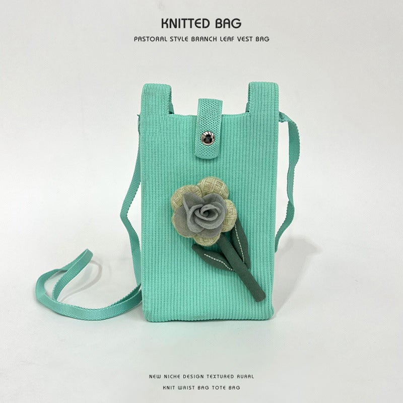 New Knitted Flower Mini Mobile Phone Bag Women'S Cute Korean-Style All-Match Student Change Handbag Crossbody Small Bag - Image 1