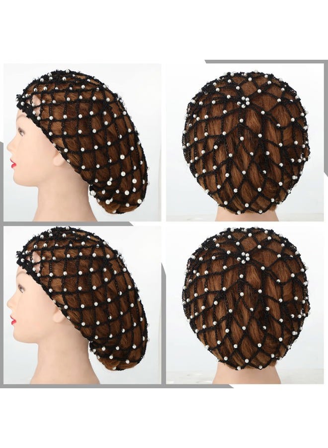 Mtlee 2 Pieces Mesh Crochet Hair Net Rayon Knit Snood with Pearl Crocheted Sleeping Cap Hair Wrap Hair Cover Ornament for Long Short Curls Hair(Black) - Image 5