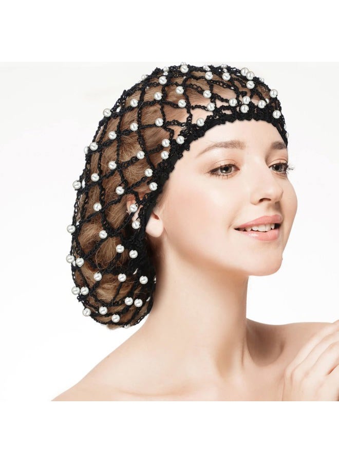 Mtlee 2 Pieces Mesh Crochet Hair Net Rayon Knit Snood with Pearl Crocheted Sleeping Cap Hair Wrap Hair Cover Ornament for Long Short Curls Hair(Black) - Image 3