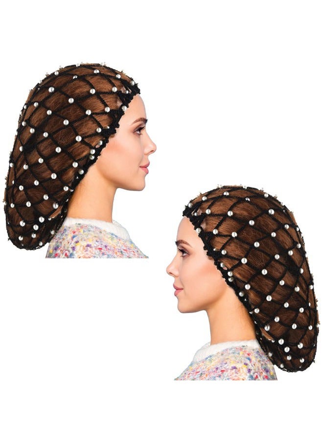 Mtlee 2 Pieces Mesh Crochet Hair Net Rayon Knit Snood with Pearl Crocheted Sleeping Cap Hair Wrap Hair Cover Ornament for Long Short Curls Hair(Black) - Image 1