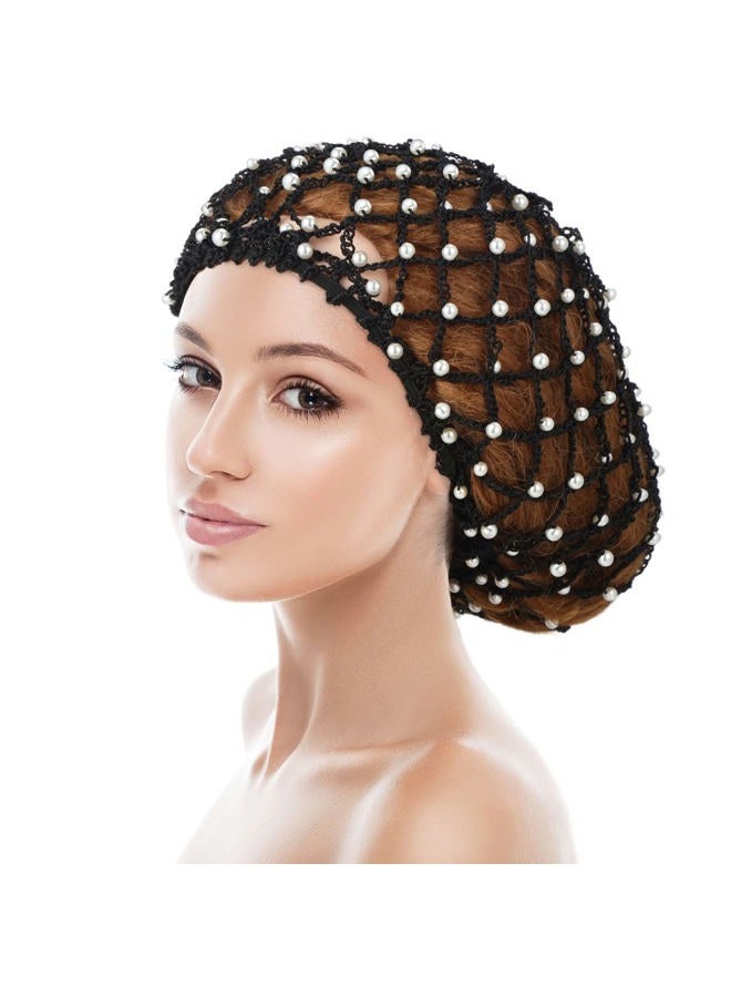 Mtlee 2 Pieces Mesh Crochet Hair Net Rayon Knit Snood with Pearl Crocheted Sleeping Cap Hair Wrap Hair Cover Ornament for Long Short Curls Hair(Black) - Image 4