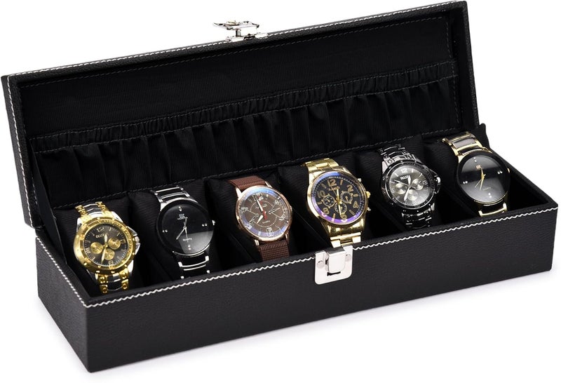STORESHINE Men's Women's 6-Slots Watch Case Leatherette, Removable Pillows, Box Organizer, Gift for Loved Ones Black and Black - Image 1