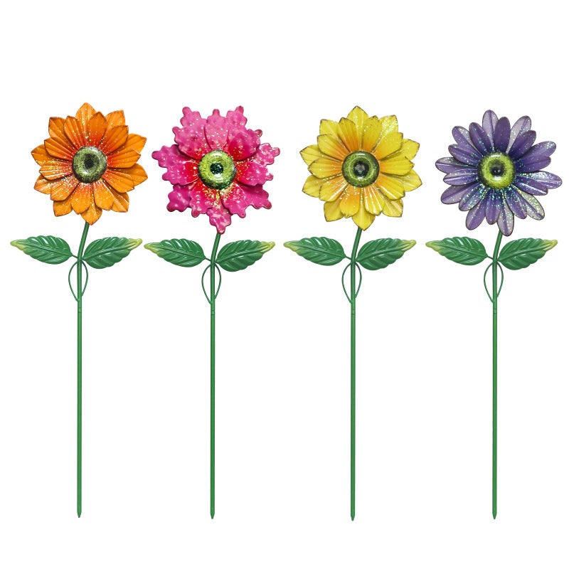 YEAHOME Garden Decor for Outside, 4 Pack 20'' Flower Garden Stakes for Spring Decor, Metal Flowers with Shaking Head Yard Art for Outdoor Lawn Patio Pathway Decorations - Image 1
