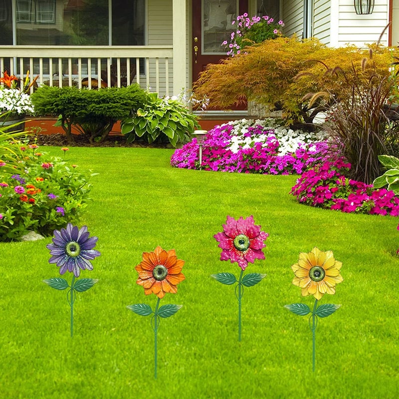 YEAHOME Garden Decor for Outside, 4 Pack 20'' Flower Garden Stakes for Spring Decor, Metal Flowers with Shaking Head Yard Art for Outdoor Lawn Patio Pathway Decorations - Image 5