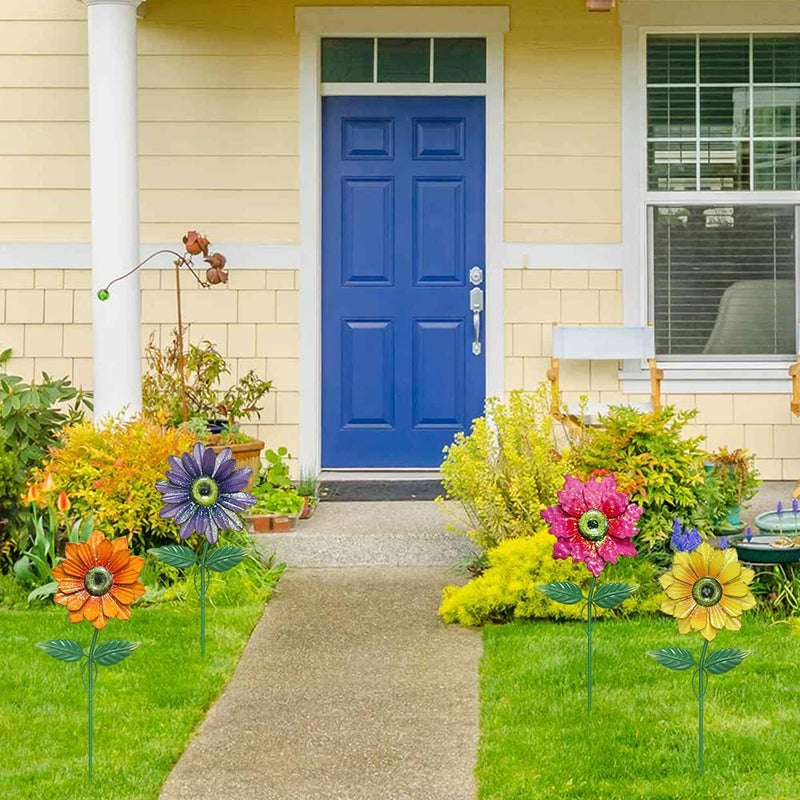 YEAHOME Garden Decor for Outside, 4 Pack 20'' Flower Garden Stakes for Spring Decor, Metal Flowers with Shaking Head Yard Art for Outdoor Lawn Patio Pathway Decorations - Image 4
