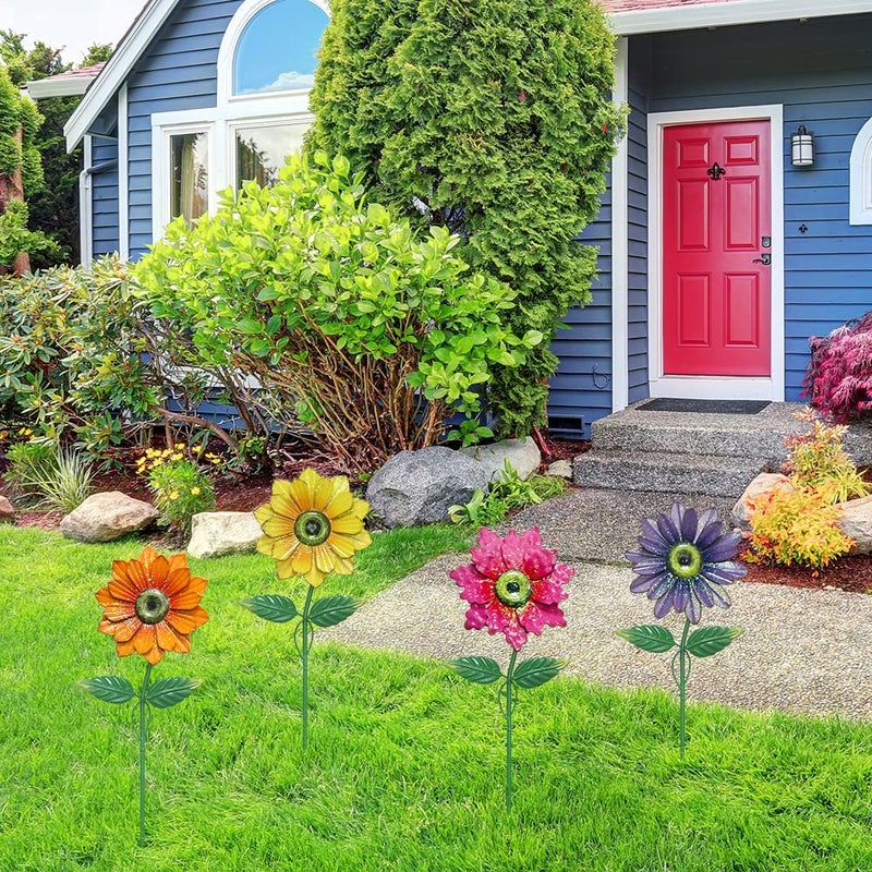 YEAHOME Garden Decor for Outside, 4 Pack 20'' Flower Garden Stakes for Spring Decor, Metal Flowers with Shaking Head Yard Art for Outdoor Lawn Patio Pathway Decorations - Image 2