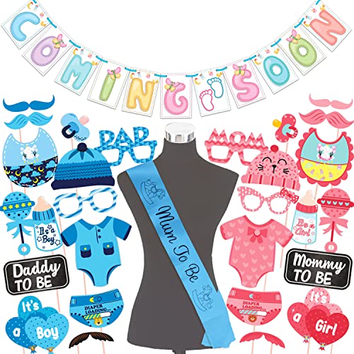 WOBBOX Baby Shower Combo of Party Props 28 Pcs & Coming Soon Bunting Banner, with Mum to be Light Blue Sash Baby Shower Decoration Item (Pack of 3) - Image 1