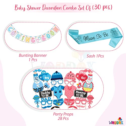 WOBBOX Baby Shower Combo of Party Props 28 Pcs & Coming Soon Bunting Banner, with Mum to be Light Blue Sash Baby Shower Decoration Item (Pack of 3) - Image 2