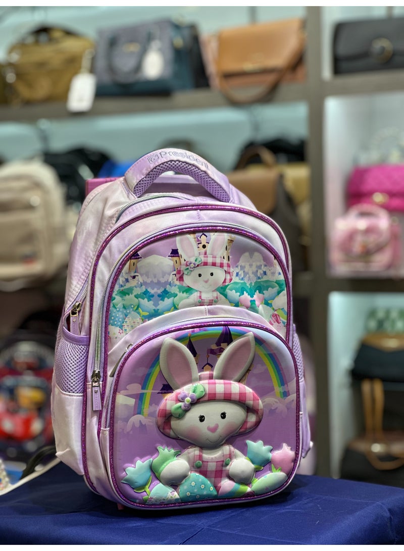 President President Kids Bunny Backpack, Purple with Rainbow Design, Multiple Compartments, Padded Straps - Image 1