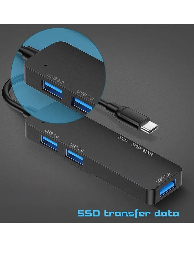 أس بي - موزع من النوع سي 5 في 1 USB منفذين و USB 3.0  وقارئ بطاقات SD وTF  متوافق مع ماك بوك برو واير واللابتوب وغيرها من الاجهزة من النوع سي - Image 1