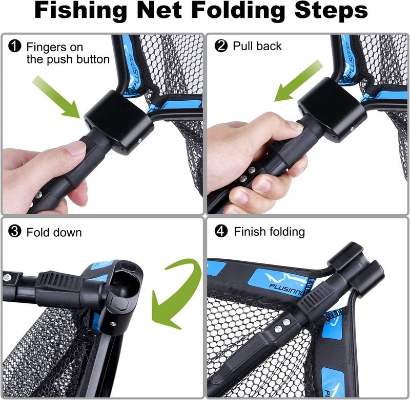PLUSINNO Floating Fishing Net for Steelhead, Salmon, Fly, Kayak, Catfish, Bass, Trout Fishing, Rubber Coated Foldable Landing Net with Fixed Pole Handle, Fishing Gear and Gifts for Men - 2 Pack - Image 3