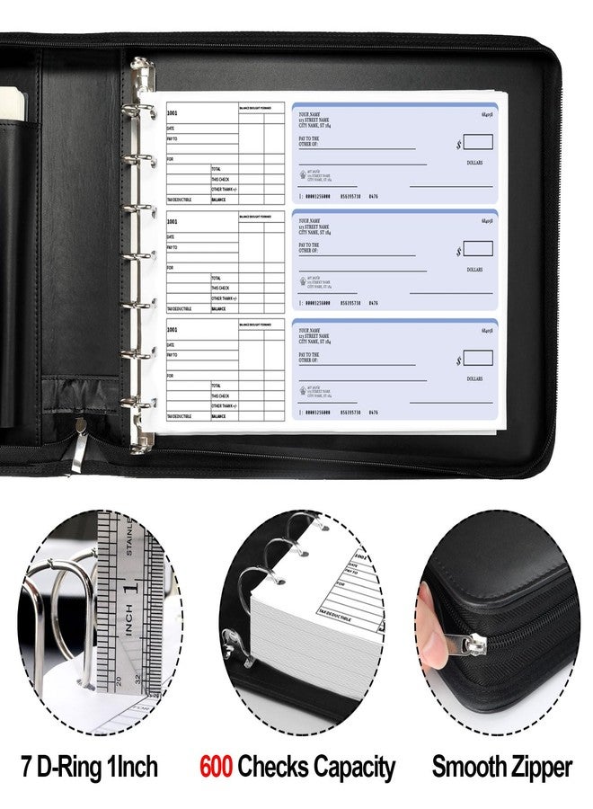 SUNEE Zippered Business Checkbook Binder 7 Ring 1 Inch with Zipper for Business Checks (9" x 13"), PU Leather Check Binder Holds 600 Checks Capacity for Executive Supplies, Black - Image 4