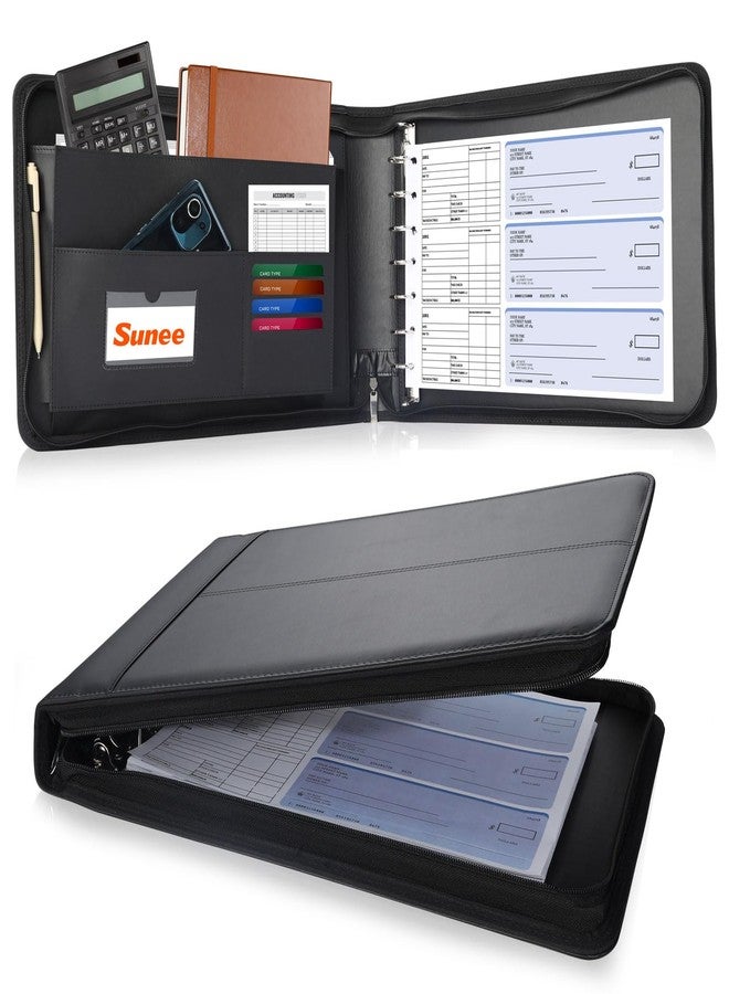 SUNEE Zippered Business Checkbook Binder 7 Ring 1 Inch with Zipper for Business Checks (9" x 13"), PU Leather Check Binder Holds 600 Checks Capacity for Executive Supplies, Black - Image 1