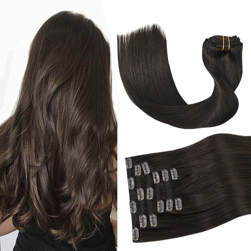 Aison Dark Brown Clip in Hair Extensions Real Human Hair 70G 100 Remy Human Hair Clip in Extensions Straight 7pcs 16clips 22 Inch 2