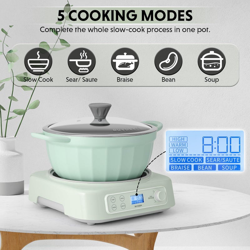 BUYDEEM 5-in-1 Slow Cooker 4.7QT with Removable Nonstick Stockpot, Compatible with Various Cookwares, Two Temperature Controls, Customized Time Settings, Auto Keep Warm for 2H, Cozy Greenish - Image 2