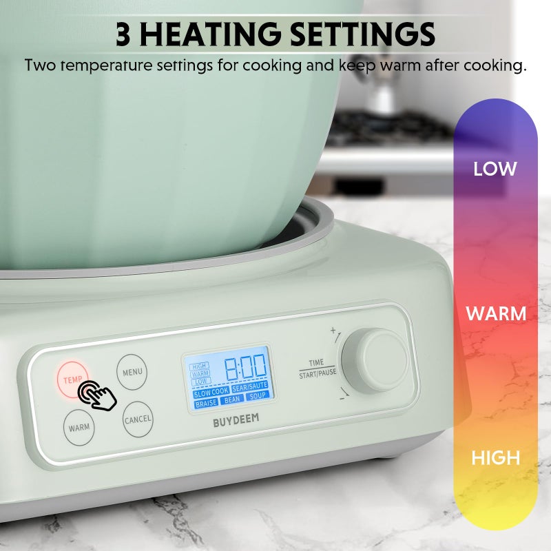 BUYDEEM 5-in-1 Slow Cooker 4.7QT with Removable Nonstick Stockpot, Compatible with Various Cookwares, Two Temperature Controls, Customized Time Settings, Auto Keep Warm for 2H, Cozy Greenish - Image 4