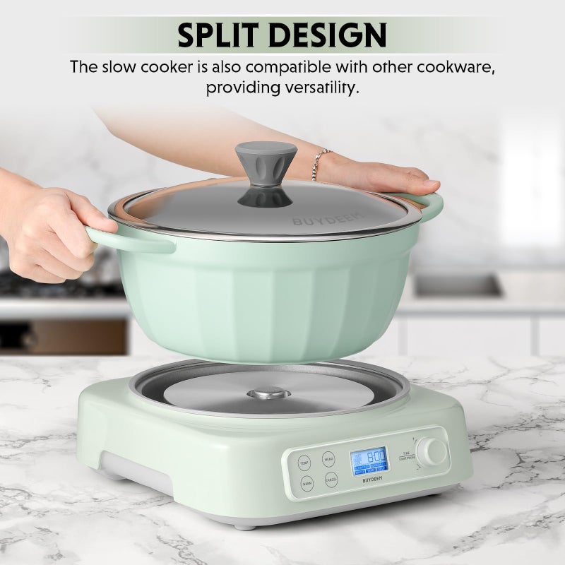 BUYDEEM 5-in-1 Slow Cooker 4.7QT with Removable Nonstick Stockpot, Compatible with Various Cookwares, Two Temperature Controls, Customized Time Settings, Auto Keep Warm for 2H, Cozy Greenish - Image 3
