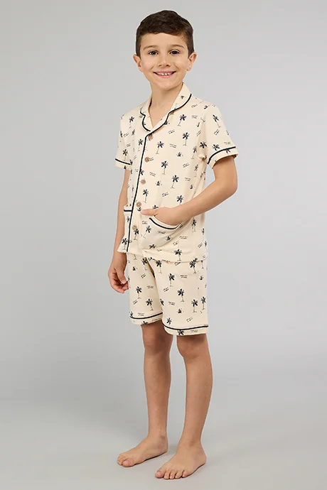 أر أند بي Printed Lapel Collar Shorts Pyjama Set