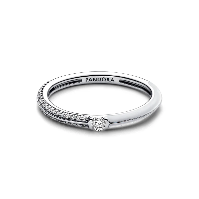 باندورا Sterling silver ring with white enamel and clear cubic zirconia