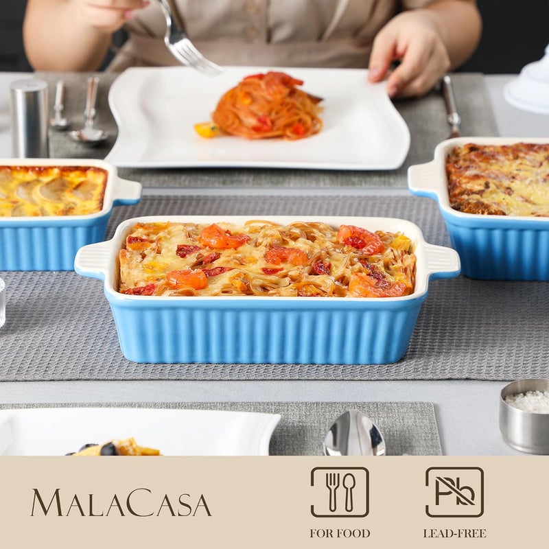 MALACASA Casserole Dishes for Oven, Porcelain Baking Dishes, Ceramic Bakeware Sets of 4, Rectangular Lasagna Pans Deep with Handles for Baking Kitchen, Blue (9.4"/11.1"/12.2"/14.7"), Series BAKE.BAKE - Image 4