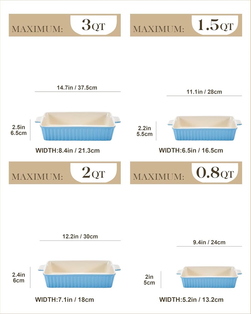 MALACASA Casserole Dishes for Oven, Porcelain Baking Dishes, Ceramic Bakeware Sets of 4, Rectangular Lasagna Pans Deep with Handles for Baking Kitchen, Blue (9.4"/11.1"/12.2"/14.7"), Series BAKE.BAKE - Image 2