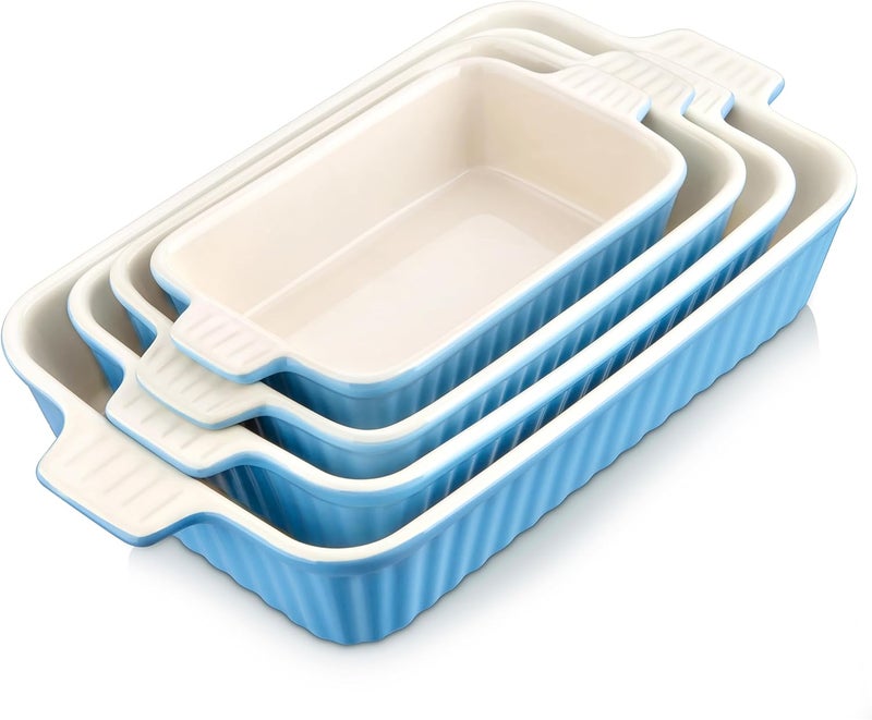 MALACASA Casserole Dishes for Oven, Porcelain Baking Dishes, Ceramic Bakeware Sets of 4, Rectangular Lasagna Pans Deep with Handles for Baking Kitchen, Blue (9.4"/11.1"/12.2"/14.7"), Series BAKE.BAKE - Image 1
