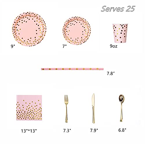 YAOSHENG 200 Pieces Rose Gold Party Supplies - Rose Gold Paper Plates & Napkins Cups Silverware Serves 25 Sets for Wedding Bridal Shower Engagement Birthday Parties (Pink  12 * 24 * 24cm) - Image 2
