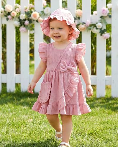 SODLON Newborn Baby Girl Dress 3-6 Months Infant Summer Girl Clothes Outfits Pink Ruffle Sleeveless Bow Dresses Cross Front Ruffle Hem Dress Birthday Gifts Beach Vacation Sundress with Hat - Image 2