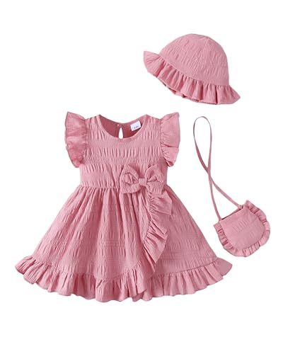 SODLON Newborn Baby Girl Dress 3-6 Months Infant Summer Girl Clothes Outfits Pink Ruffle Sleeveless Bow Dresses Cross Front Ruffle Hem Dress Birthday Gifts Beach Vacation Sundress with Hat - Image 1