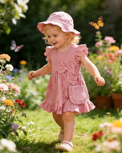 SODLON Newborn Baby Girl Dress 3-6 Months Infant Summer Girl Clothes Outfits Pink Ruffle Sleeveless Bow Dresses Cross Front Ruffle Hem Dress Birthday Gifts Beach Vacation Sundress with Hat - Image 3