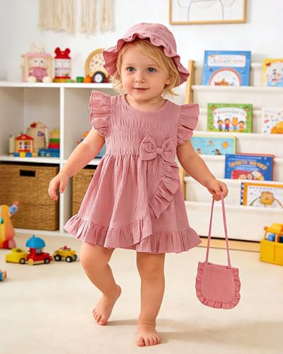 SODLON Newborn Baby Girl Dress 3-6 Months Infant Summer Girl Clothes Outfits Pink Ruffle Sleeveless Bow Dresses Cross Front Ruffle Hem Dress Birthday Gifts Beach Vacation Sundress with Hat - Image 4