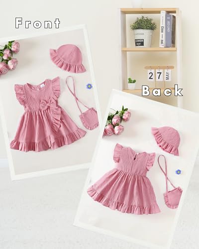 SODLON Newborn Baby Girl Dress 3-6 Months Infant Summer Girl Clothes Outfits Pink Ruffle Sleeveless Bow Dresses Cross Front Ruffle Hem Dress Birthday Gifts Beach Vacation Sundress with Hat - Image 5