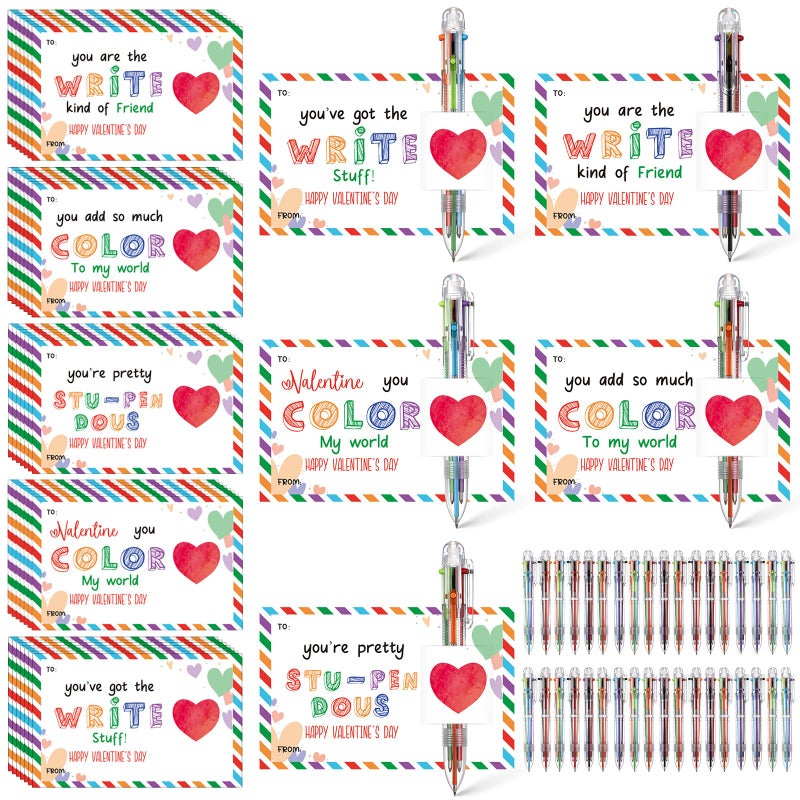 Sabary 36 Set Valentines Day Card and Multicolor Pen Gift Greeting Card and Retractable Multicolored Pen for Kids School Valentine's Day Student Classroom Exchange Gift Party Favor (Clear,6-in-1) - Image 1