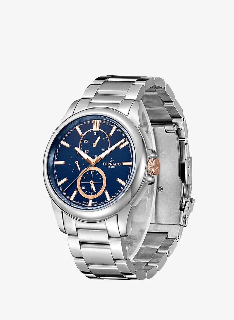 TORNADO Men's Solid stainless steel with Polished outer links and brushed center links. Multi Function Watch T6107-SBSL - 45mm mm