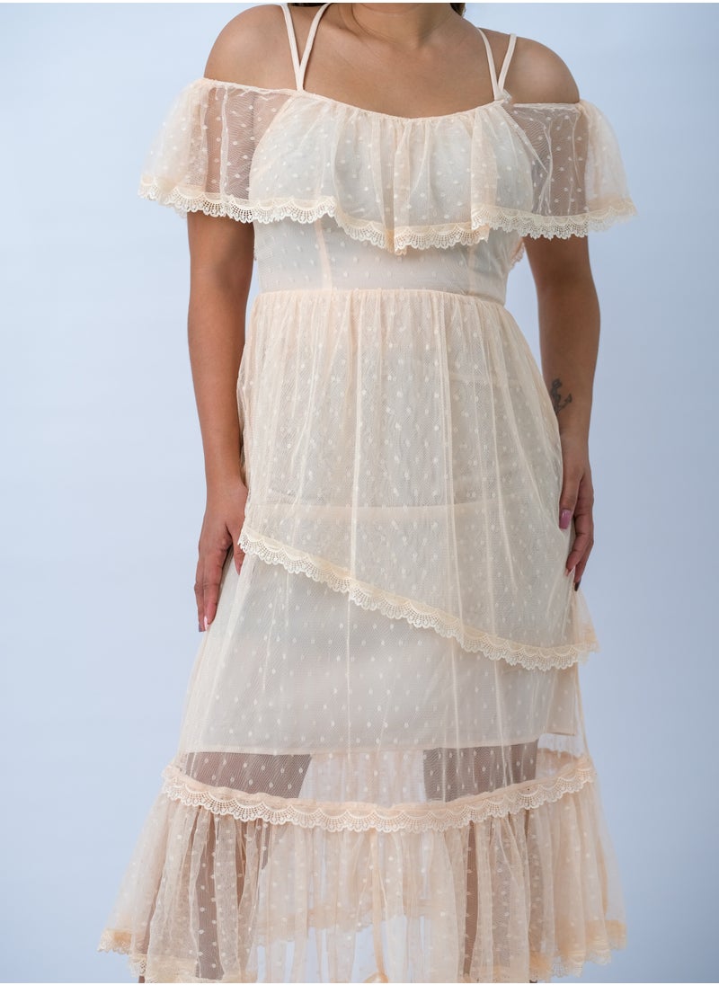 ONLY - Women’s Knitted Strap Lace Dress in Peach Whip - Image 1