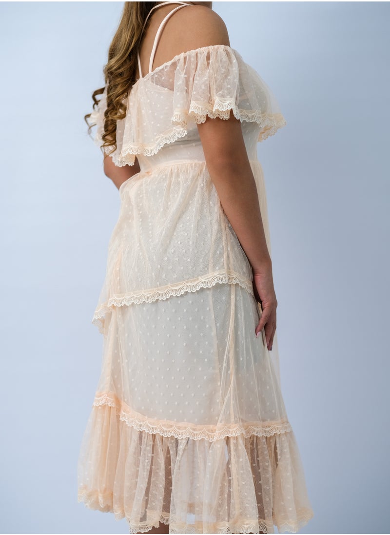 ONLY - Women’s Knitted Strap Lace Dress in Peach Whip - Image 1