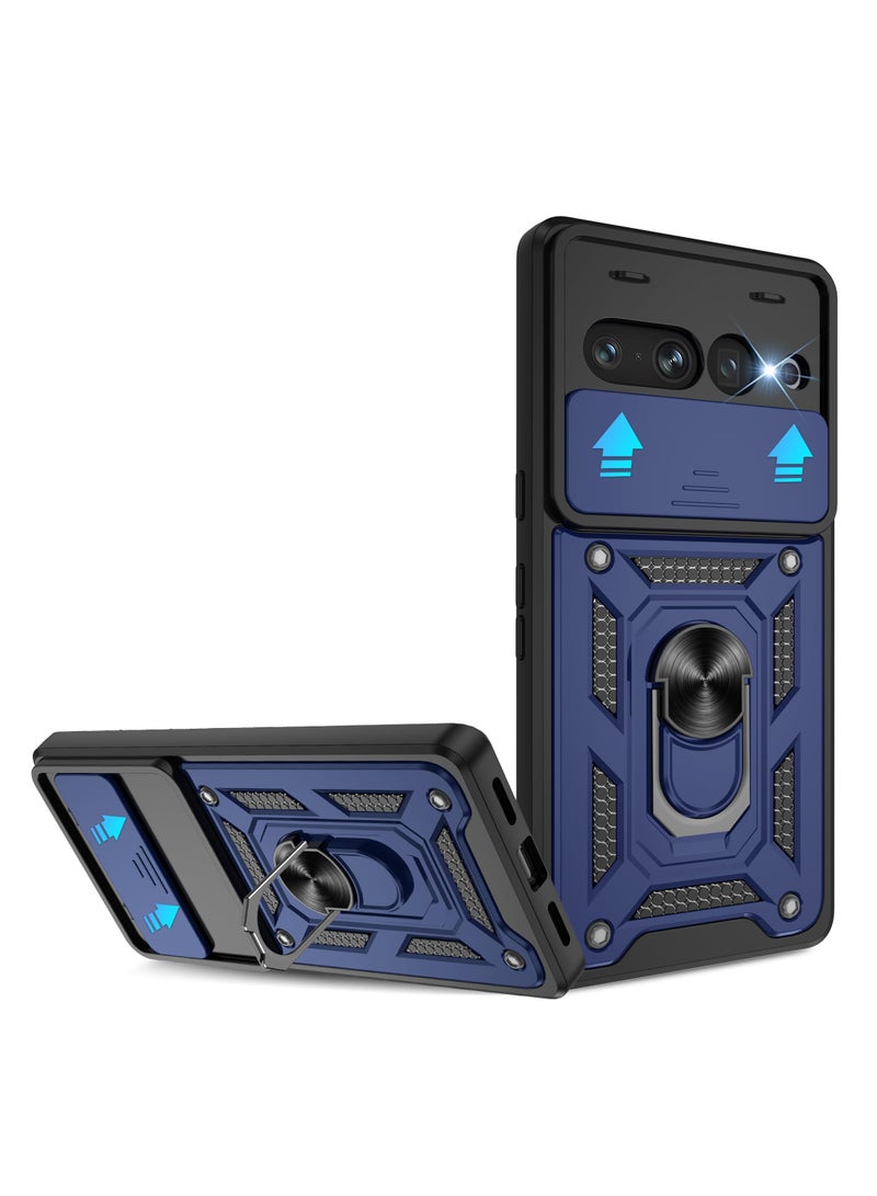 جوجل بيكسل 7 برو الهاتف المحمول القضية ، انزلاق غطاء عدسة الكاميرا + 360 درجة قوس الدورية خاتم + دعم المغناطيسي سيارة الهاتف المحمول حالة صدمة الأزرق - Image 1