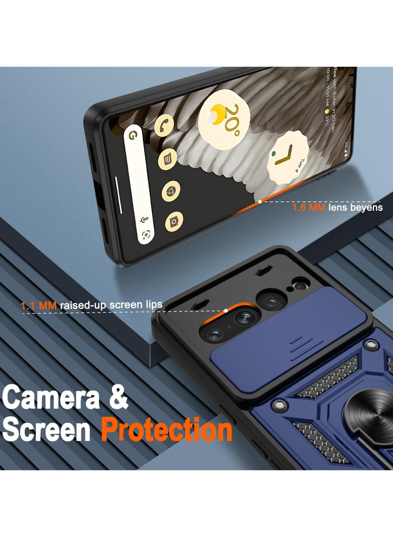 جوجل بيكسل 7 برو الهاتف المحمول القضية ، انزلاق غطاء عدسة الكاميرا + 360 درجة قوس الدورية خاتم + دعم المغناطيسي سيارة الهاتف المحمول حالة صدمة الأزرق - Image 2