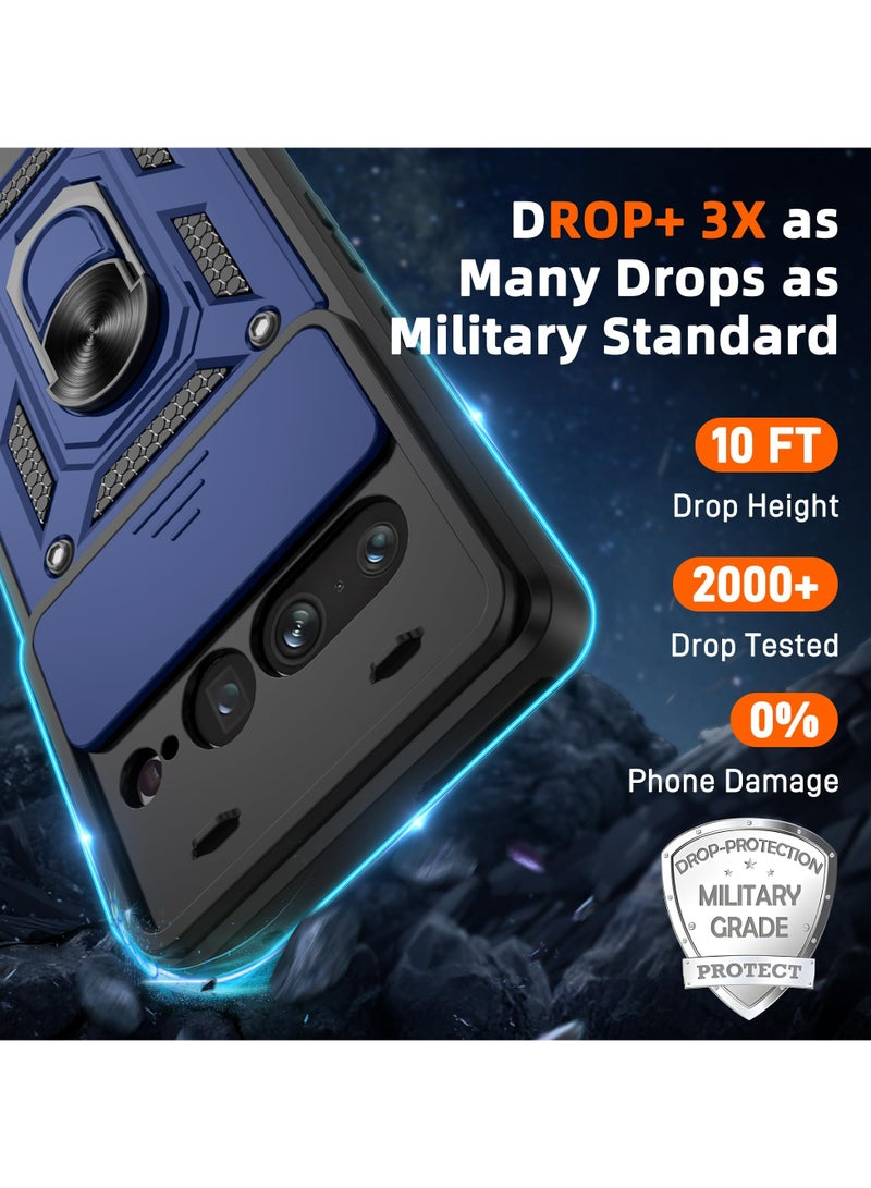 جوجل بيكسل 7 برو الهاتف المحمول القضية ، انزلاق غطاء عدسة الكاميرا + 360 درجة قوس الدورية خاتم + دعم المغناطيسي سيارة الهاتف المحمول حالة صدمة الأزرق - Image 3