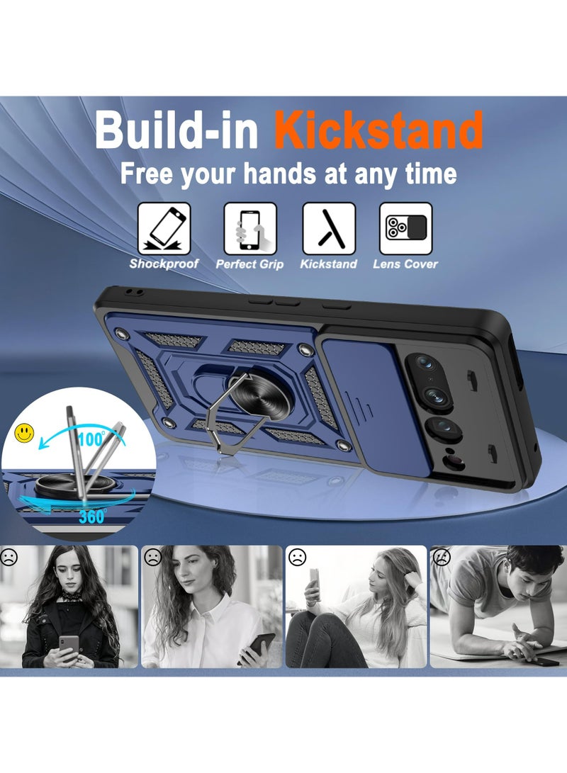 جوجل بيكسل 7 برو الهاتف المحمول القضية ، انزلاق غطاء عدسة الكاميرا + 360 درجة قوس الدورية خاتم + دعم المغناطيسي سيارة الهاتف المحمول حالة صدمة الأزرق - Image 5