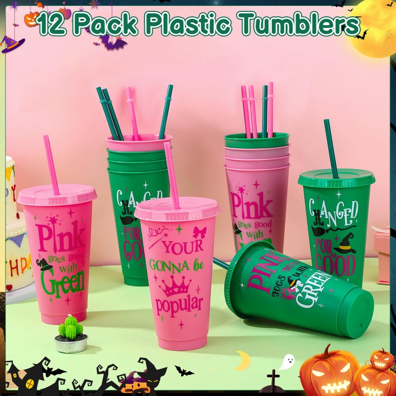 Ovveroche 12 Pcs Pink Green Plastic Cups with Lids and Straws 24 oz Reusable Tumbler for Witch Princess Enchanted Theme Parties Birthdays Bachelor Party Decoration - Image 4