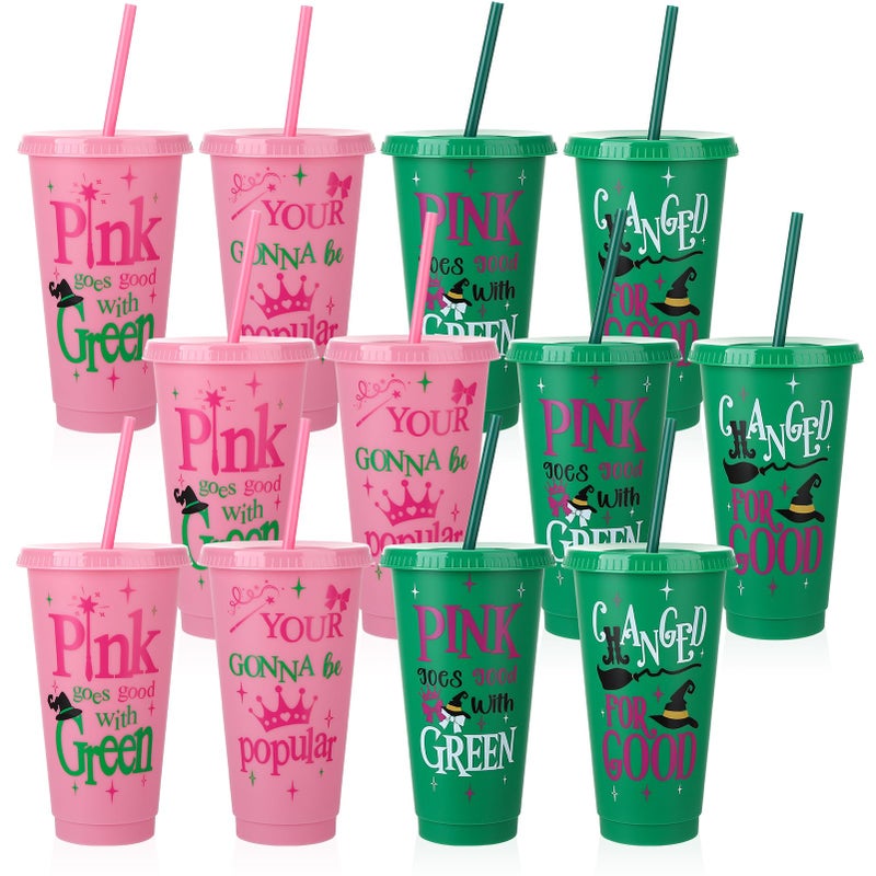 Ovveroche 12 Pcs Pink Green Plastic Cups with Lids and Straws 24 oz Reusable Tumbler for Witch Princess Enchanted Theme Parties Birthdays Bachelor Party Decoration - Image 1