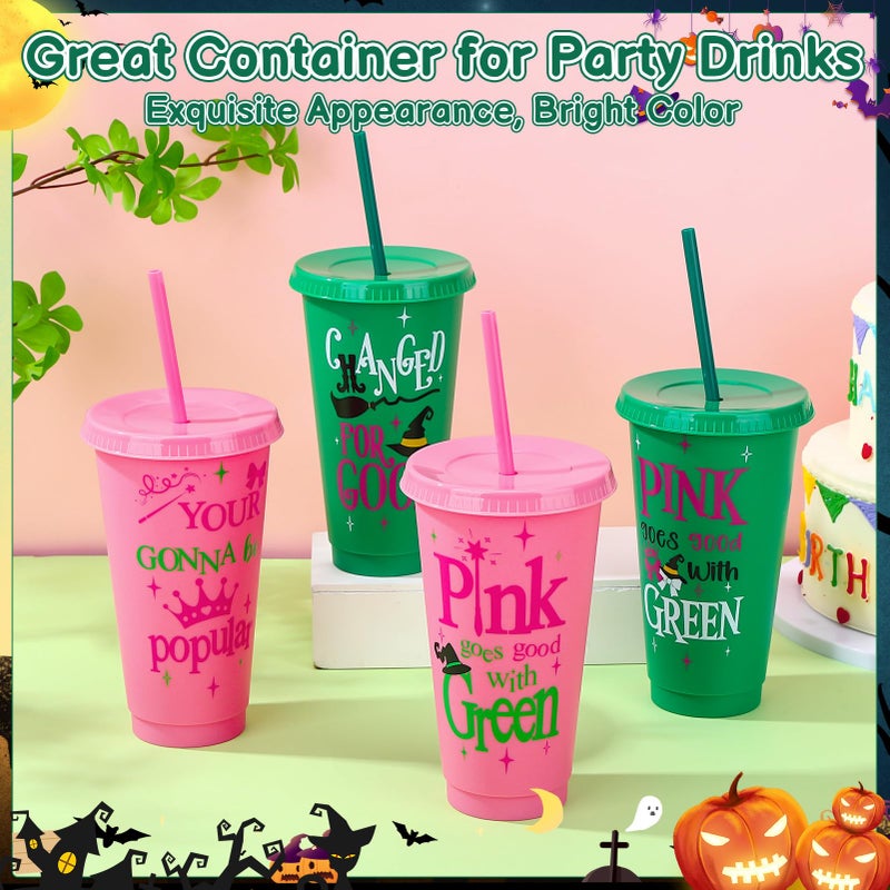 Ovveroche 12 Pcs Pink Green Plastic Cups with Lids and Straws 24 oz Reusable Tumbler for Witch Princess Enchanted Theme Parties Birthdays Bachelor Party Decoration - Image 5